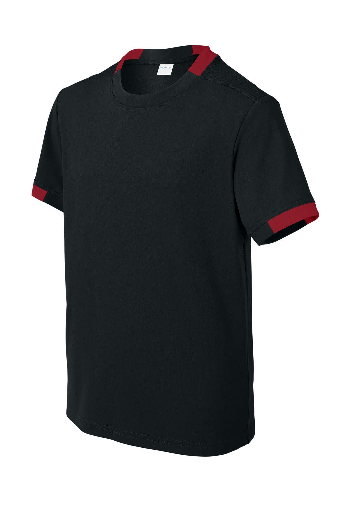 Front View of Blk/DpRed Sport-Tek Youth Club Short Sleeve Crew YST440