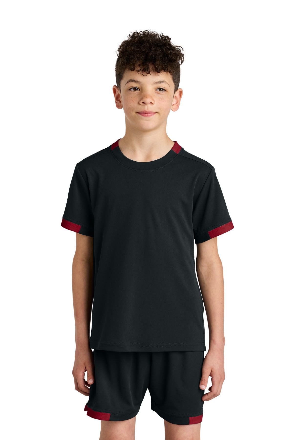 Front View of Blk/DpRed Sport-Tek Youth Club Short Sleeve Crew YST440