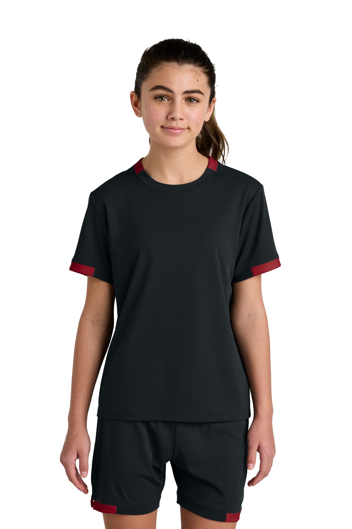 Front View of Blk/DpRed Sport-Tek Youth Club Short Sleeve Crew YST440