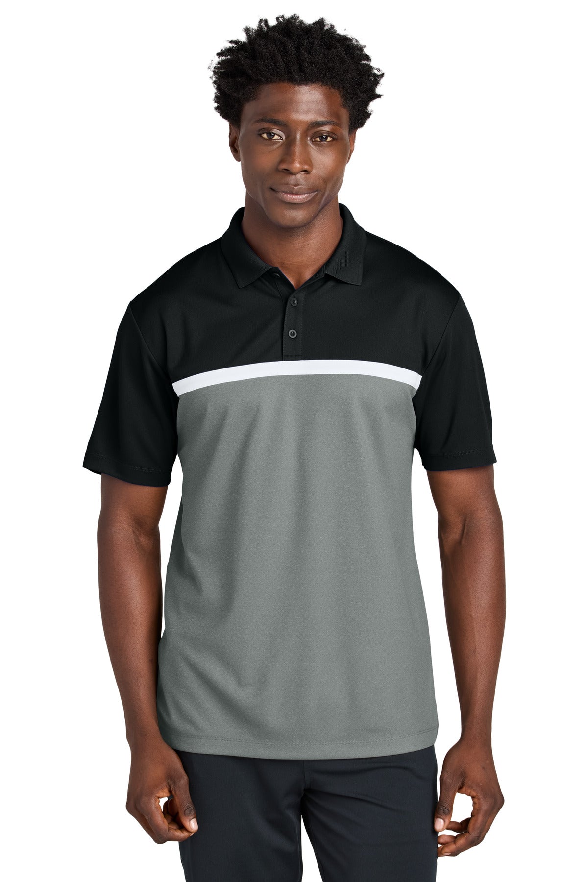 Front View of Blk/GCcH/W Sport-Tek UV Micropique Colorblock Polo ST741