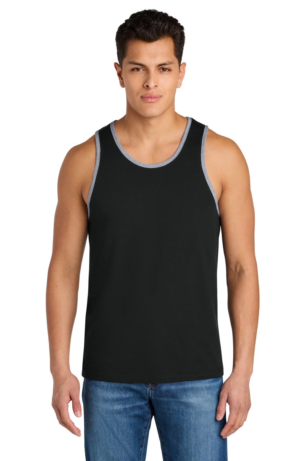 Front View of Blk/HtGray Next Level Apparel Cotton Muscle Tank NL3633