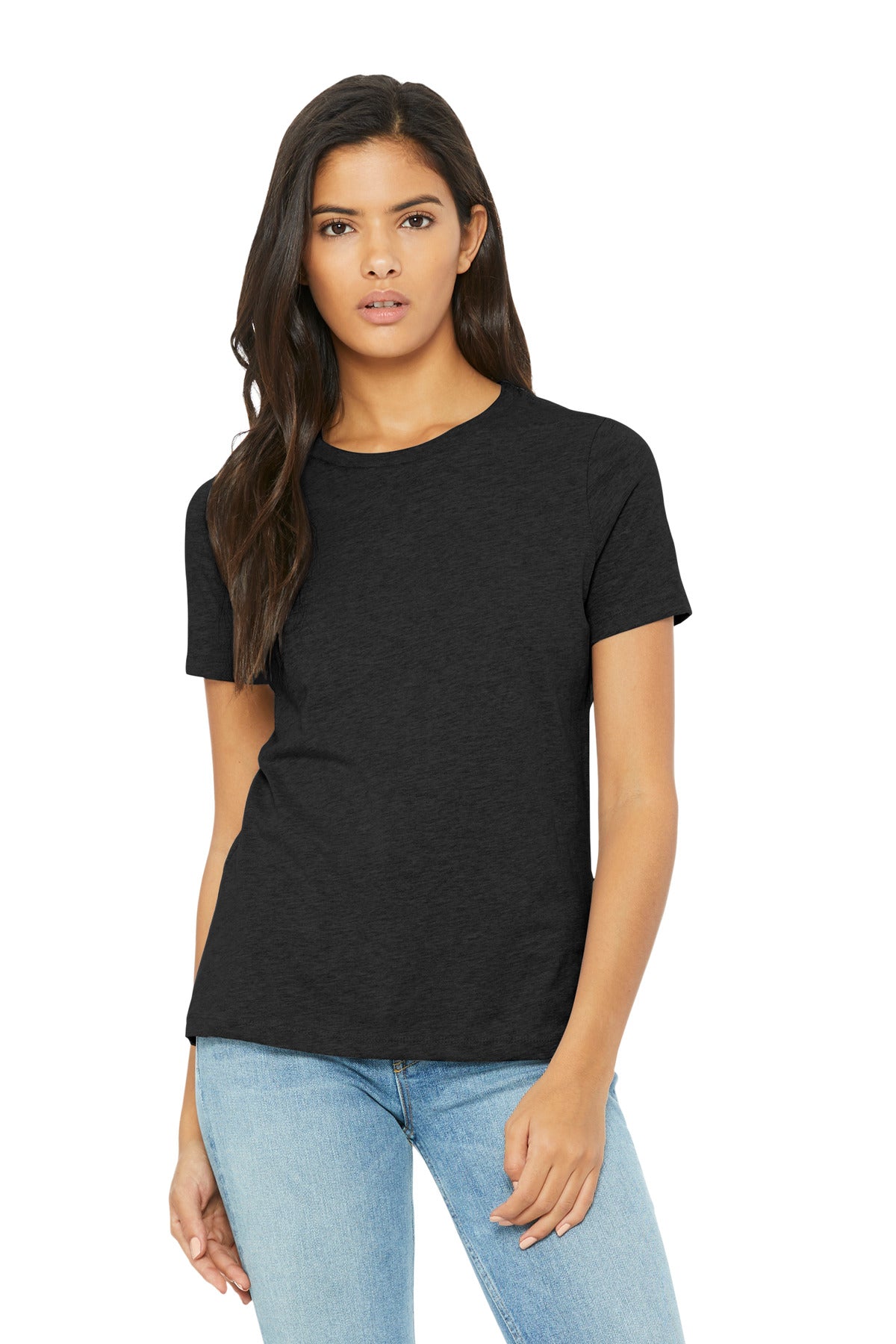 Front View of BlkHthr BELLA+CANVAS Women's Relaxed CVC Tee BC6400CVC