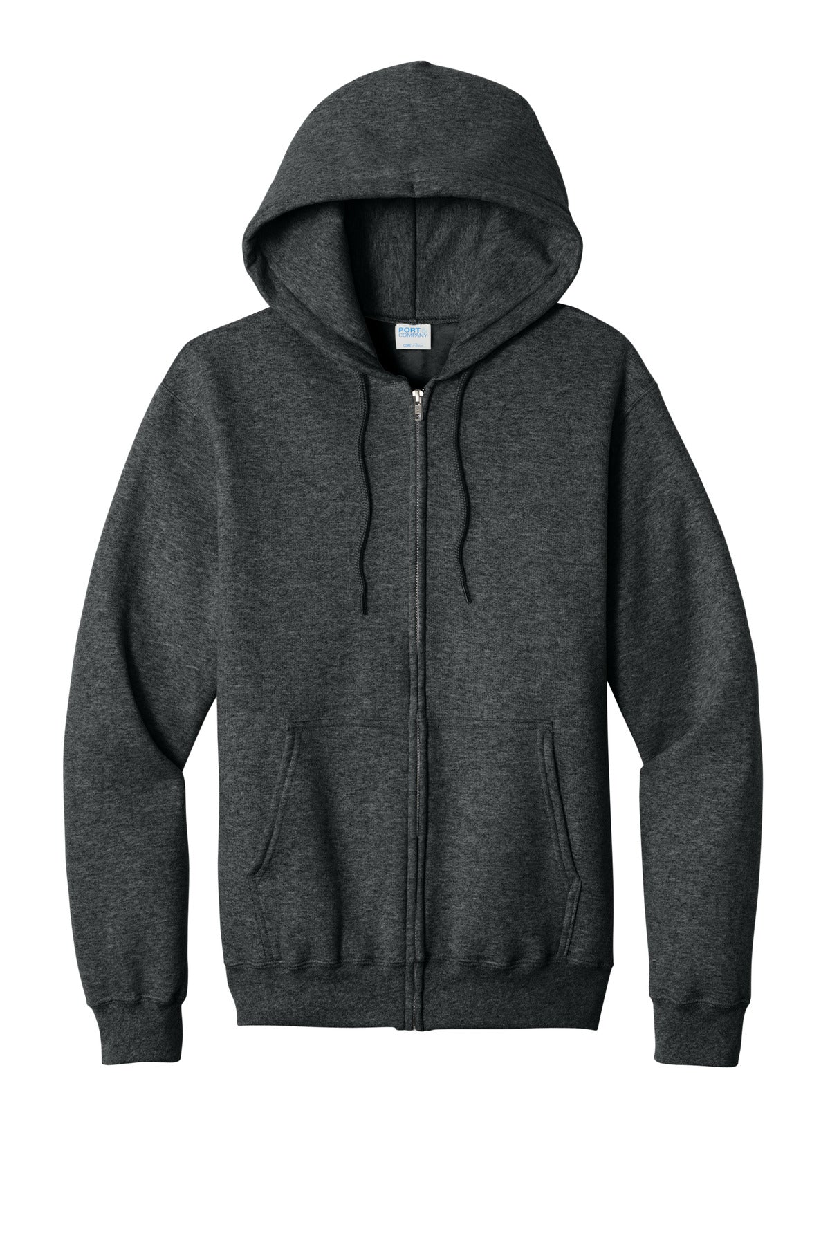 Front View of BlkHthr Port & Co Core Fleece Full-Zip Hooded Sweatshirt. PC78ZH