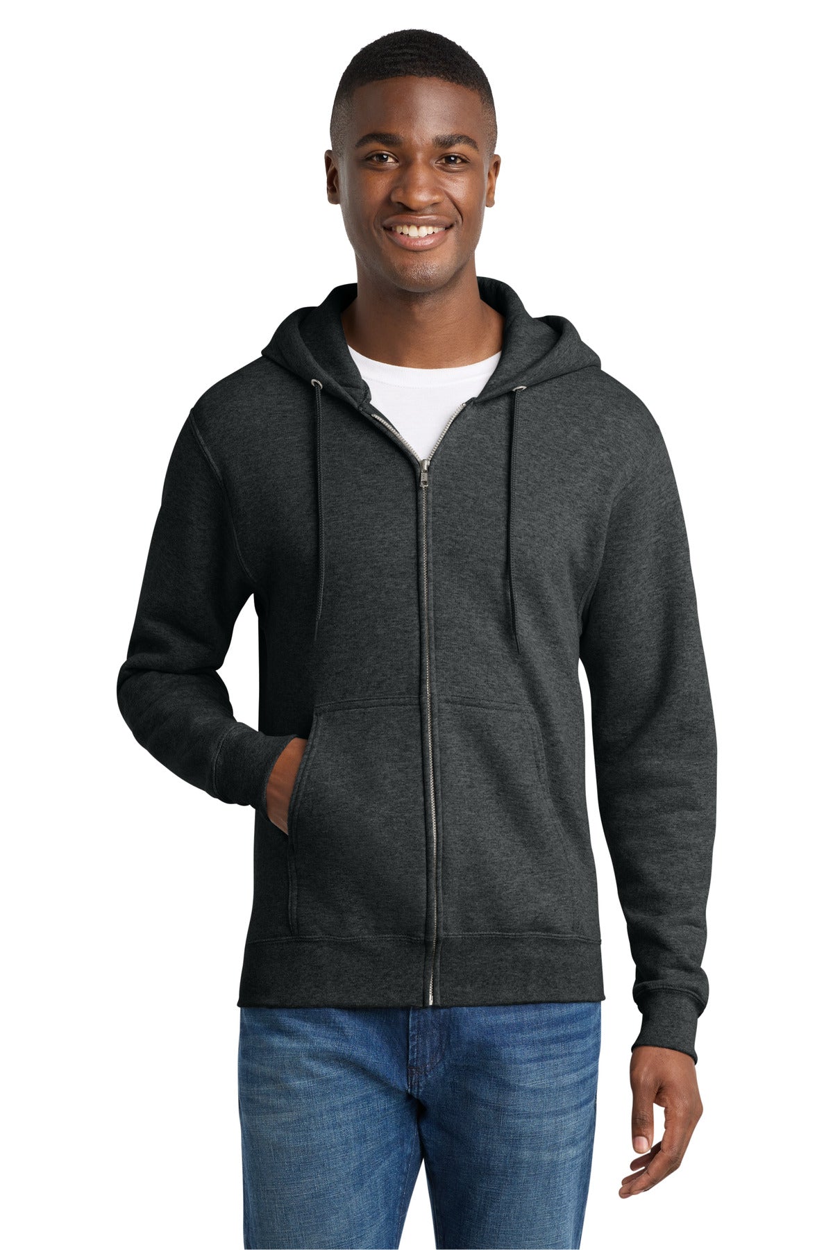 Front View of BlkHthr Port & Co Core Fleece Full-Zip Hooded Sweatshirt. PC78ZH