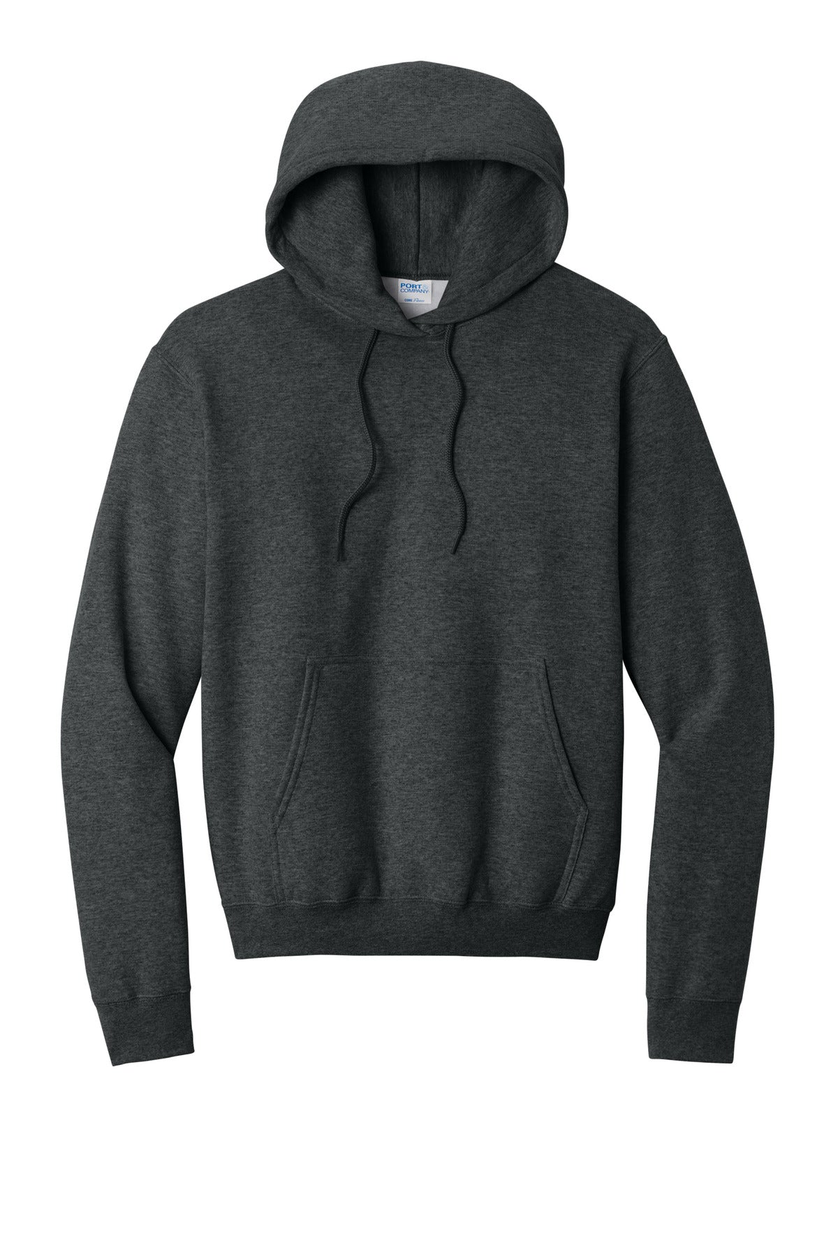 Front View of BlkHthr Port & Co Core Fleece Pullover Hooded Sweatshirt. PC78H