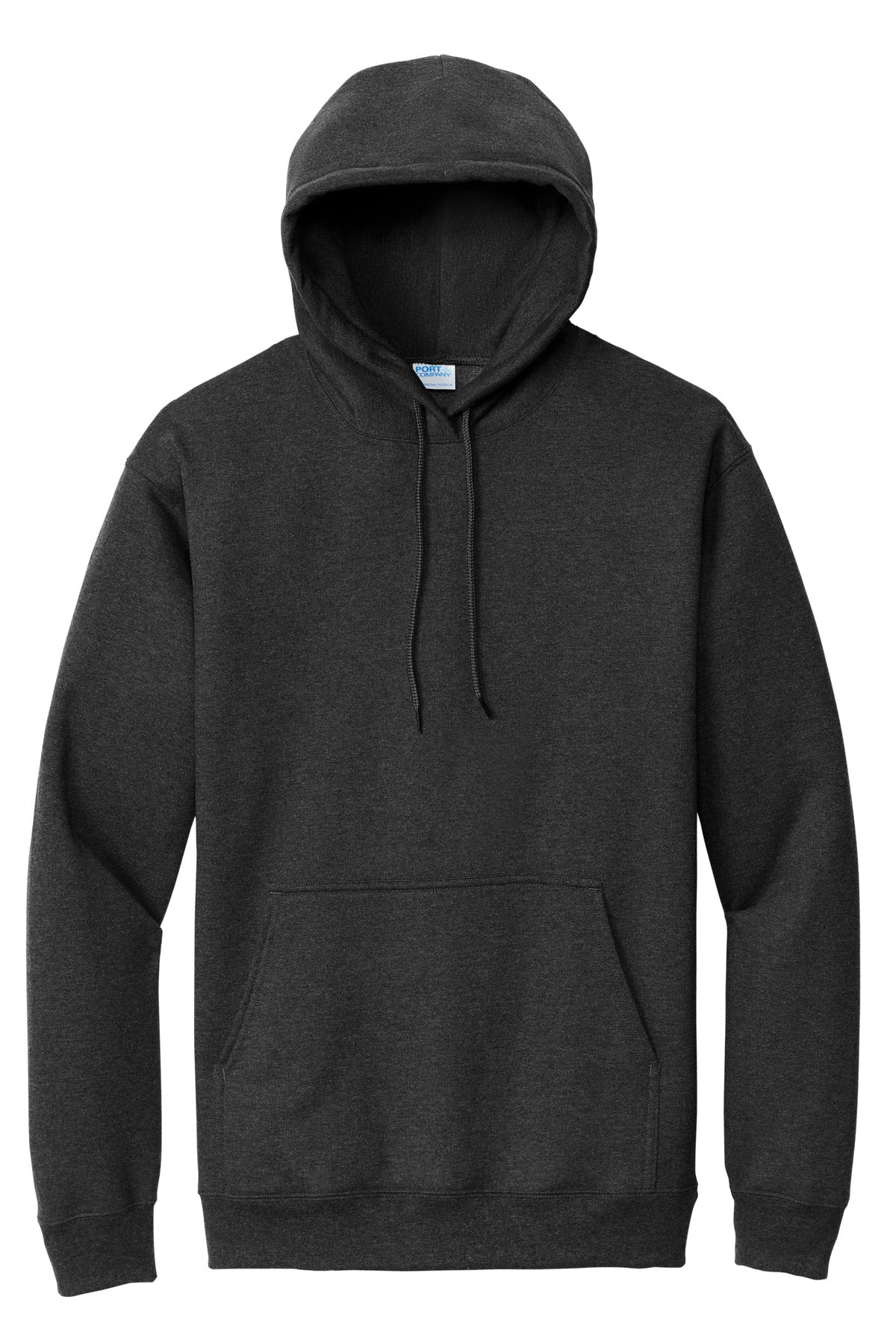 Front View of BlkHthr Port & Co Essential Fleece Pullover Hooded Sweatshirt. PC90H