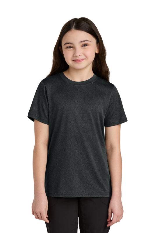 Front View of BlkHthr Port & Co Youth Heather Performance Tee PC390Y