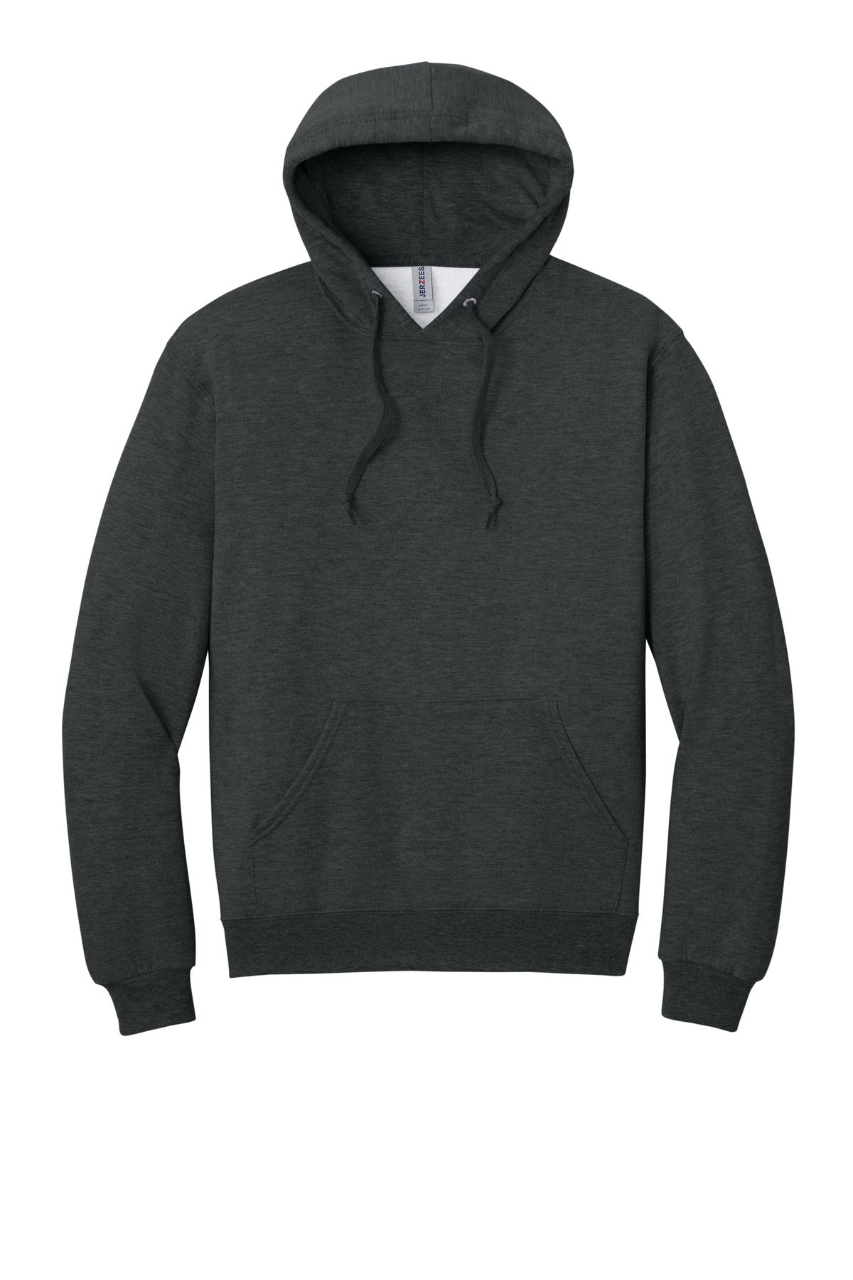 Front View of BlkInkHtr Jerzees Ultimate Unisex CVC Ring Spun Hooded Sweatshirt IC49M