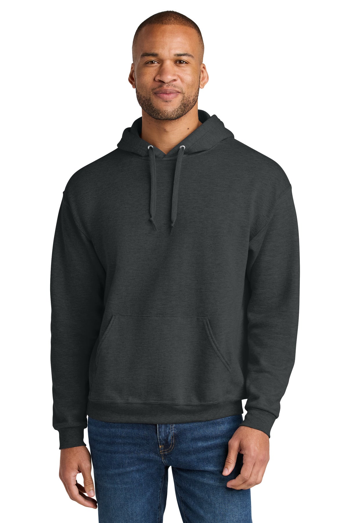 Front View of BlkInkHtr Jerzees Ultimate Unisex CVC Ring Spun Hooded Sweatshirt IC49M