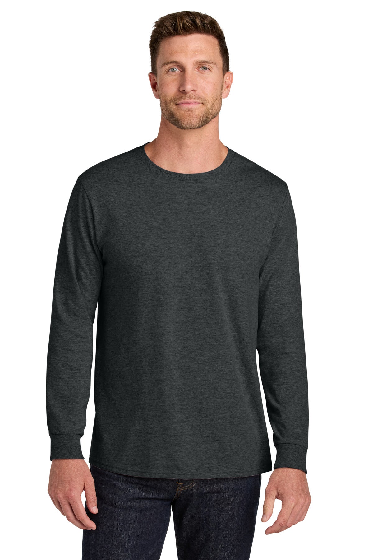 Front View of BlkInkHtr Jerzees Ultimate Unisex Ring Spun Long Sleeve T-Shirt IC46L