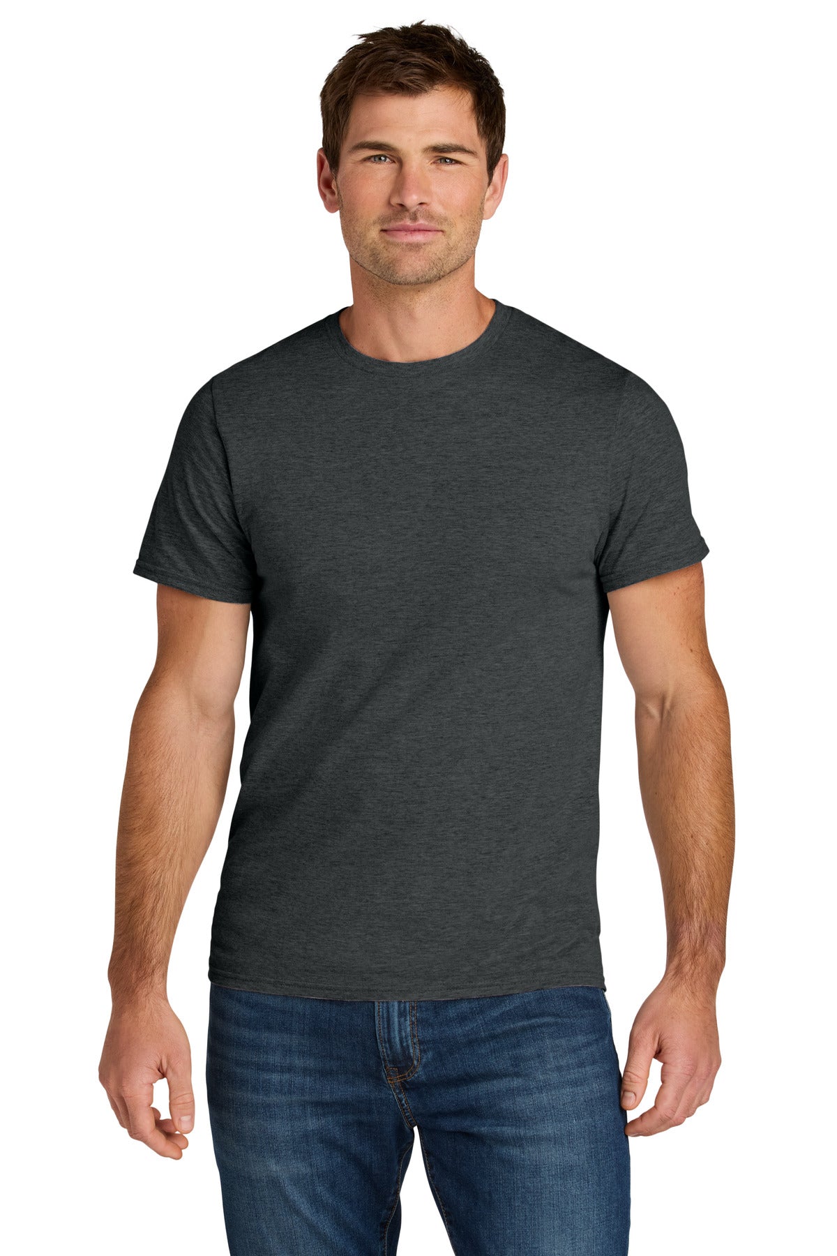 Front View of BlkInkHtr Jerzees Ultimate Unisex Ring Spun T-Shirt IC46M