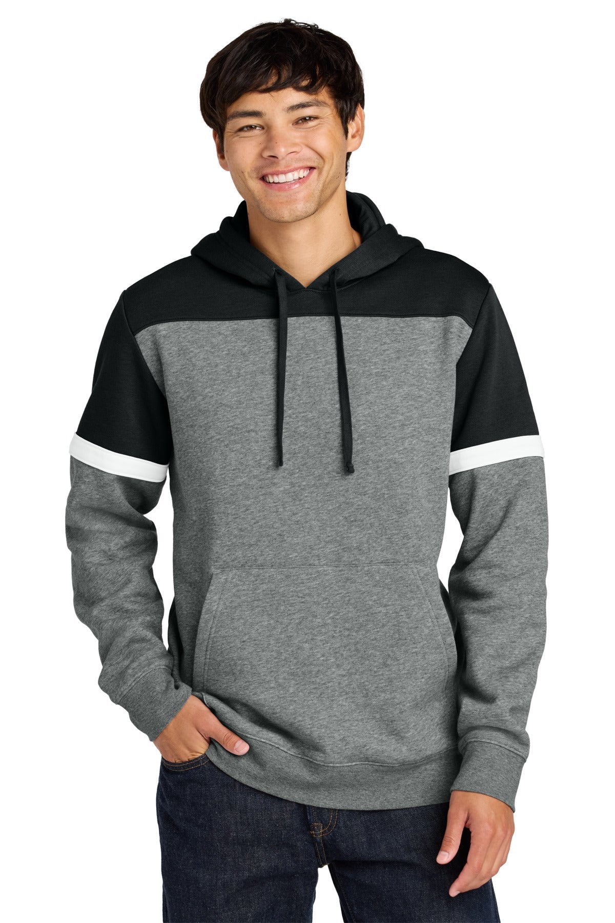 Front View of Blk/VtgHtr Sport-Tek Drive Fleece Colorblock Hoodie STF205