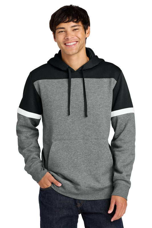 Front View of Blk/VtgHtr Sport-Tek Drive Fleece Colorblock Hoodie STF205