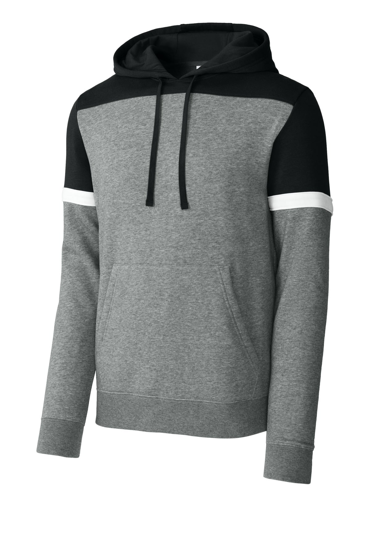 Front View of Blk/VtgHtr Sport-Tek Drive Fleece Colorblock Hoodie STF205