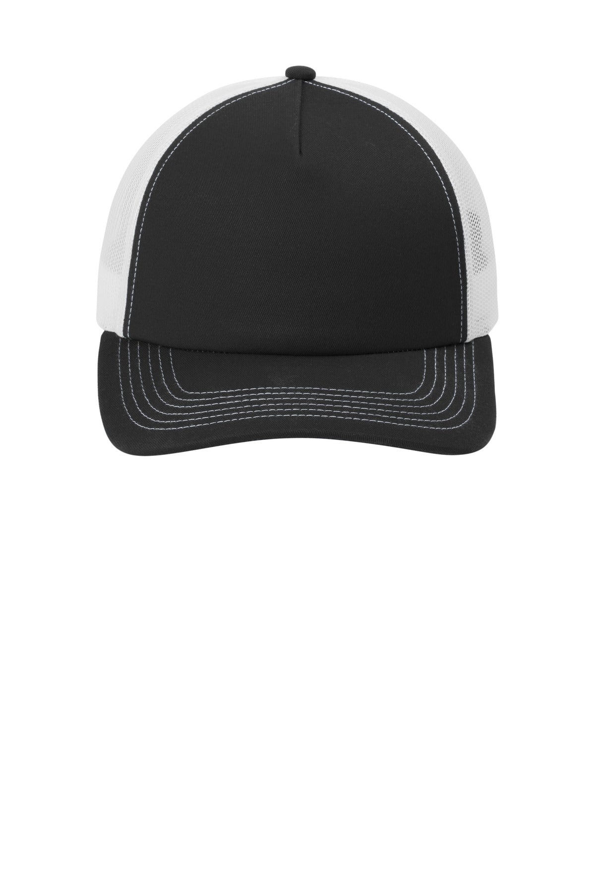 Front View of Blk/White Port Authority Low-Profile Snapback 5-Panel Trucker Cap C405LP