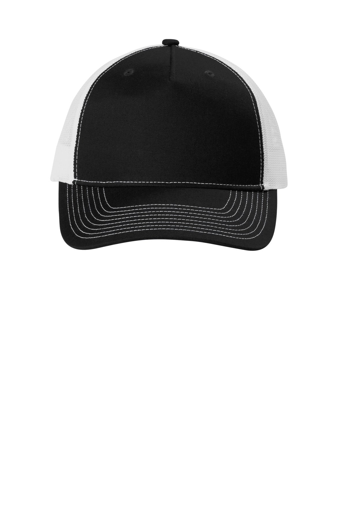 Front View of Blk/White Port Authority Snapback Five-Panel Trucker Cap C405