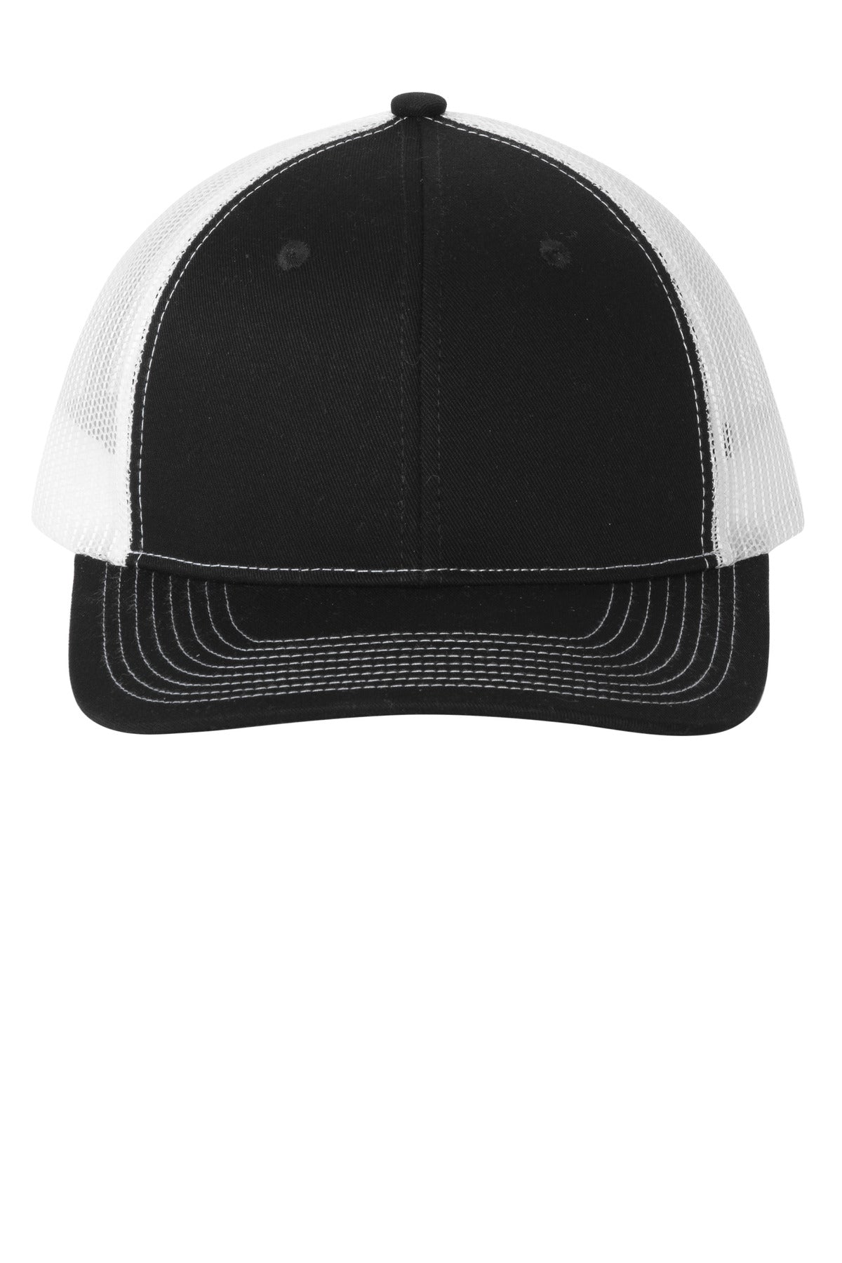 Front View of Blk/White Port Authority Snapback Ponytail Trucker Cap LC401