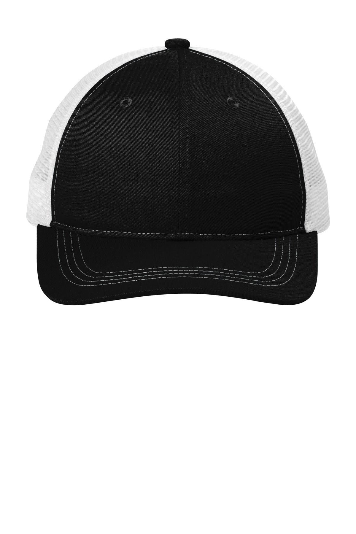 Front View of Blk/White Port Authority Unstructured Snapback Trucker Cap C409