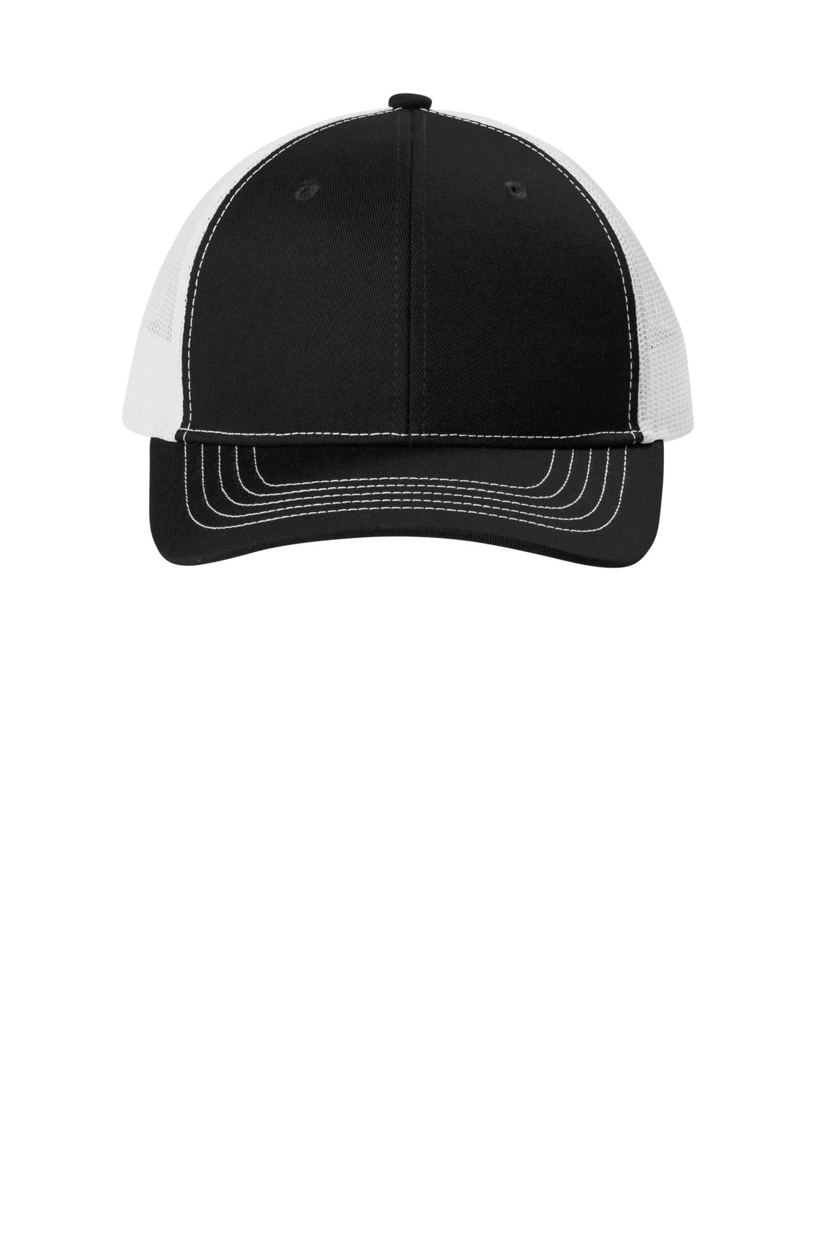 Front View of Blk/White Port Authority Youth Snapback Trucker Cap YC402