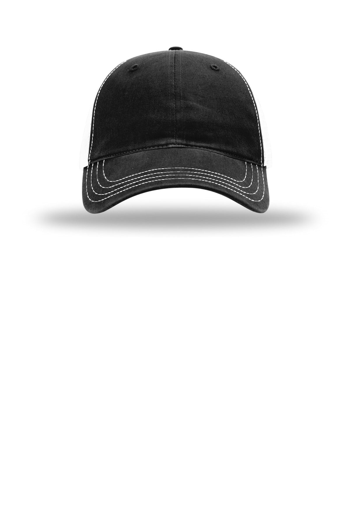 Front View of Blk/White Richardson Garment Washed Trucker 111