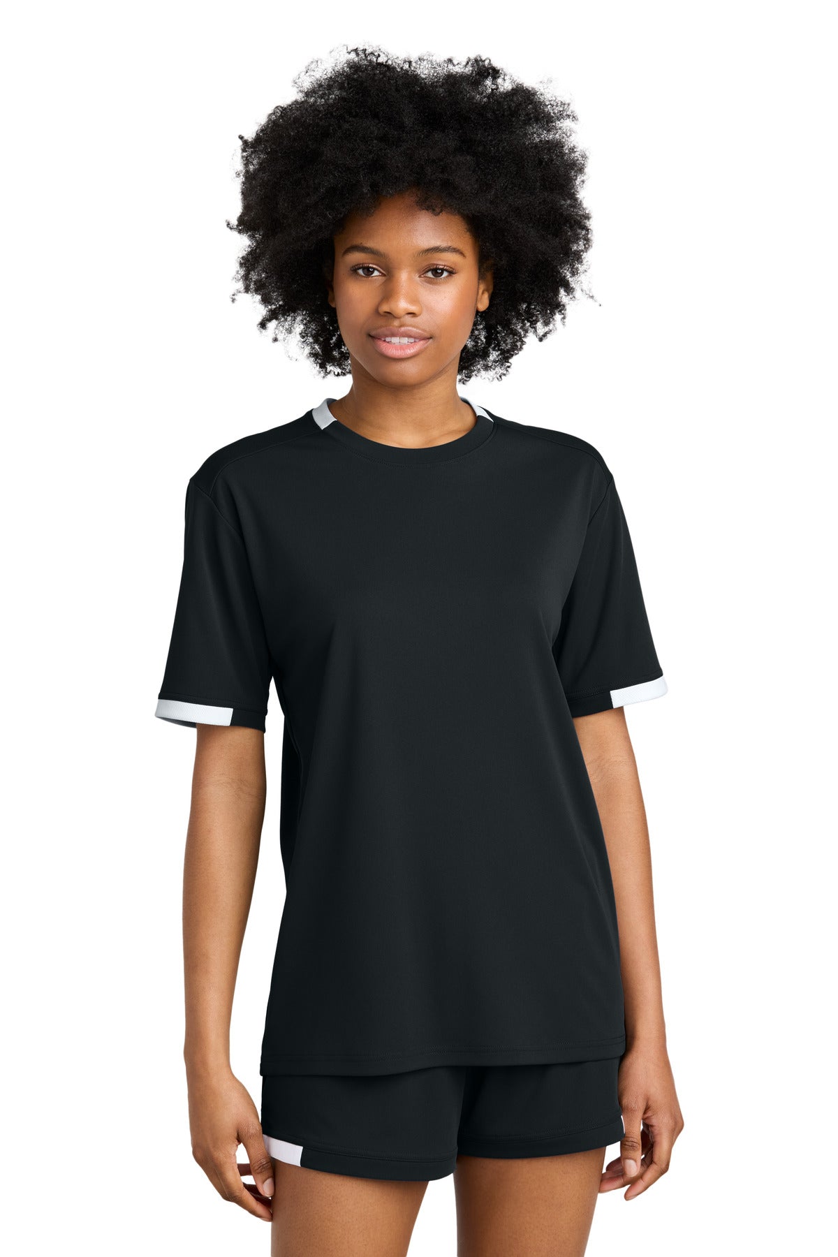 Front View of Blk/White Sport-Tek Club Short Sleeve Crew ST440