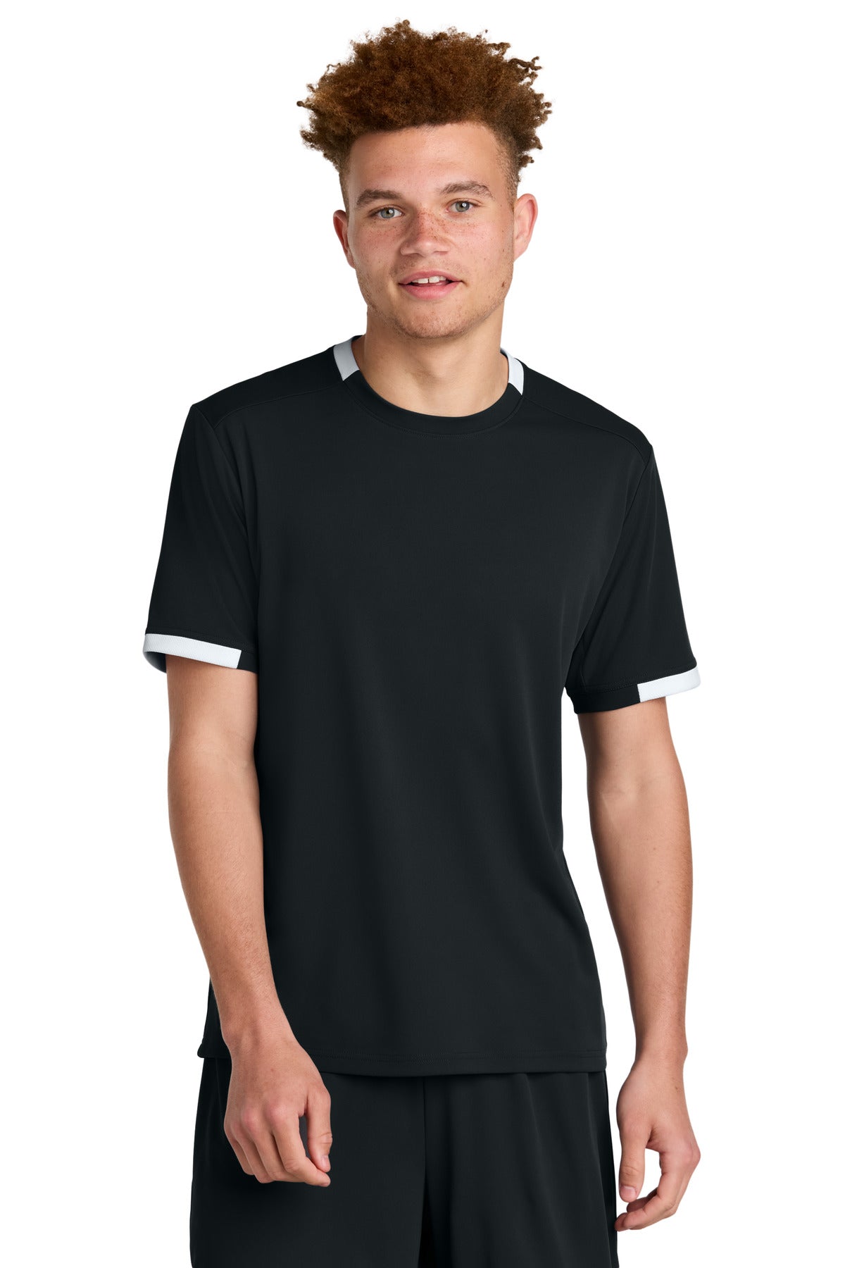Front View of Blk/White Sport-Tek Club Short Sleeve Crew ST440