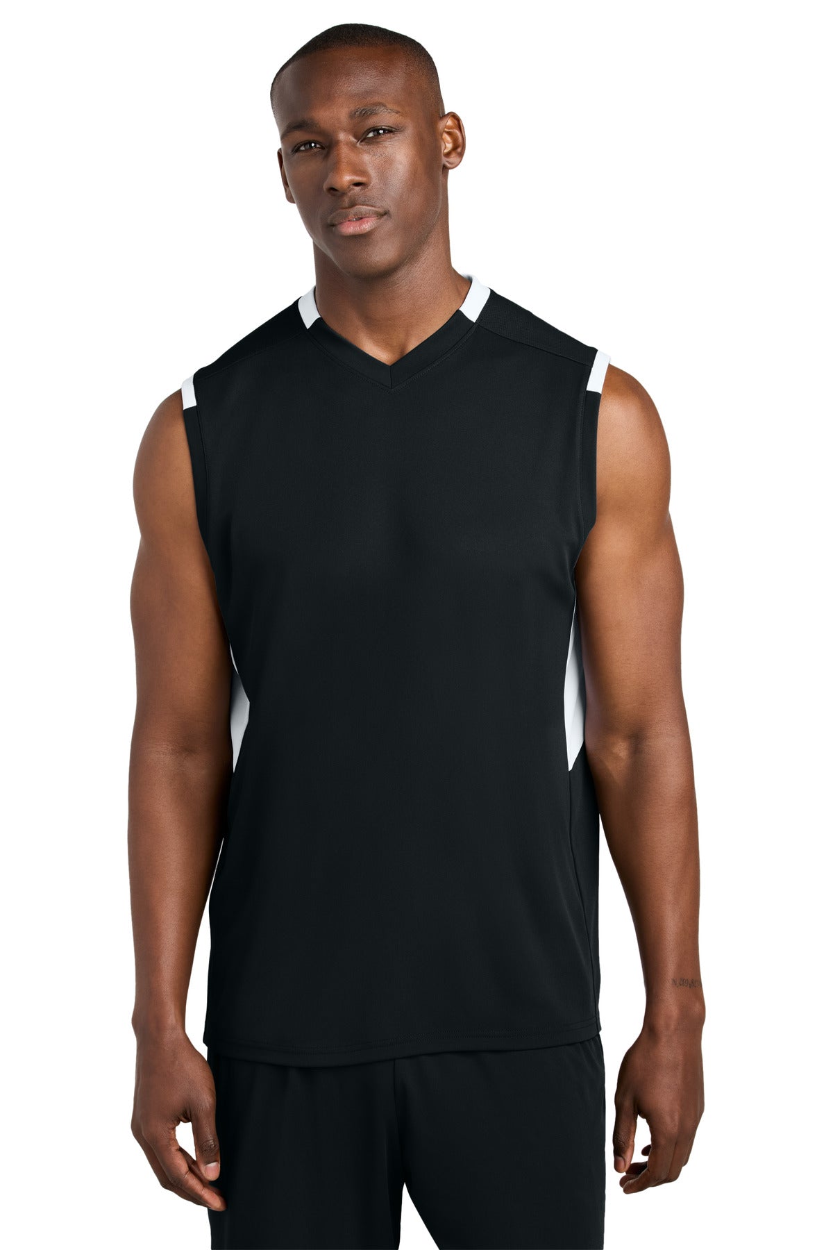 Front View of Blk/White Sport-Tek Club Sleeveless V-Neck ST441