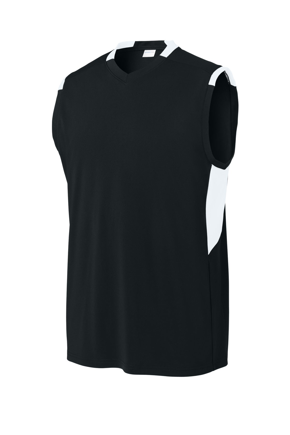 Front View of Blk/White Sport-Tek Club Sleeveless V-Neck ST441