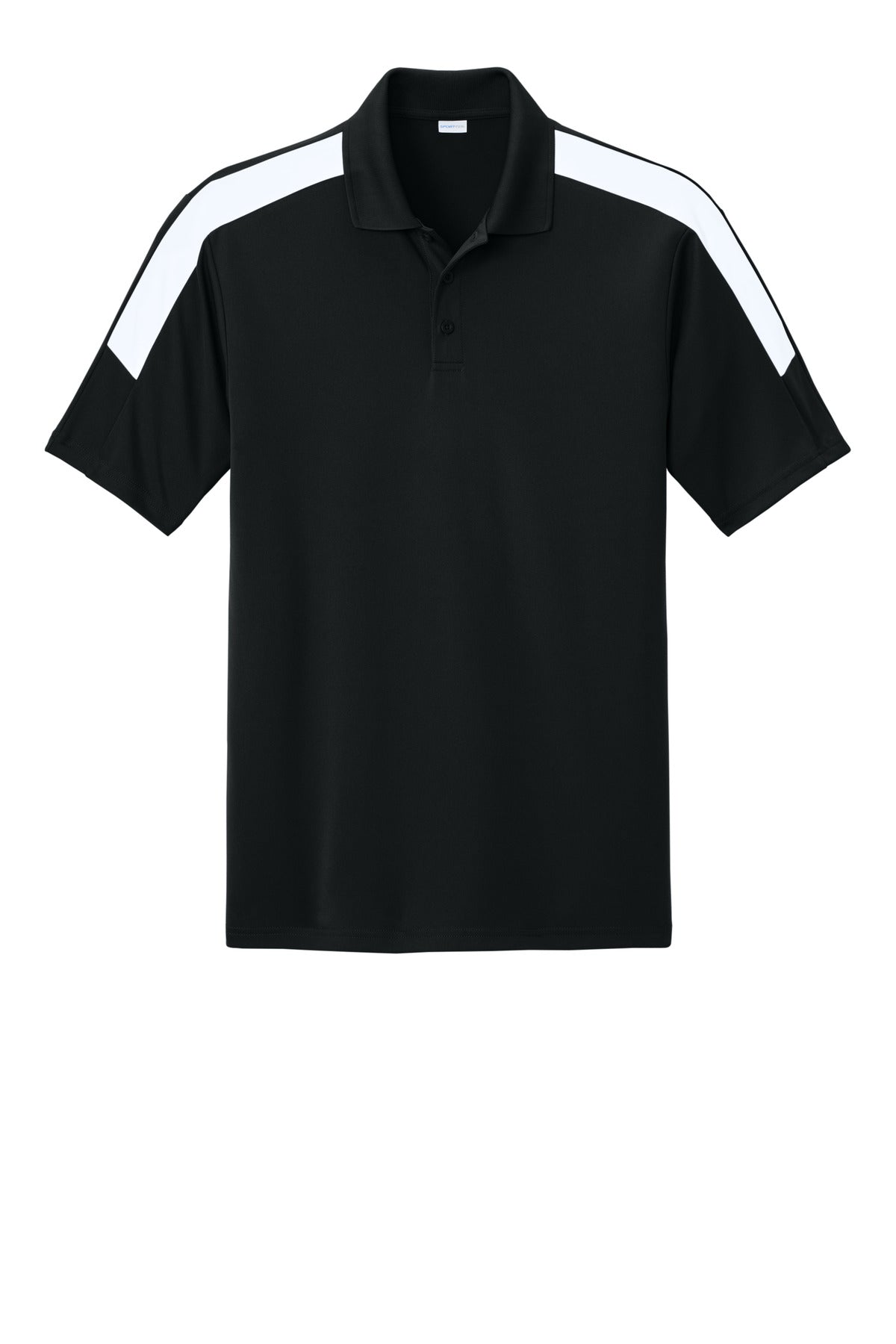 Front View of Blk/White Sport-Tek Competitor United Polo ST104