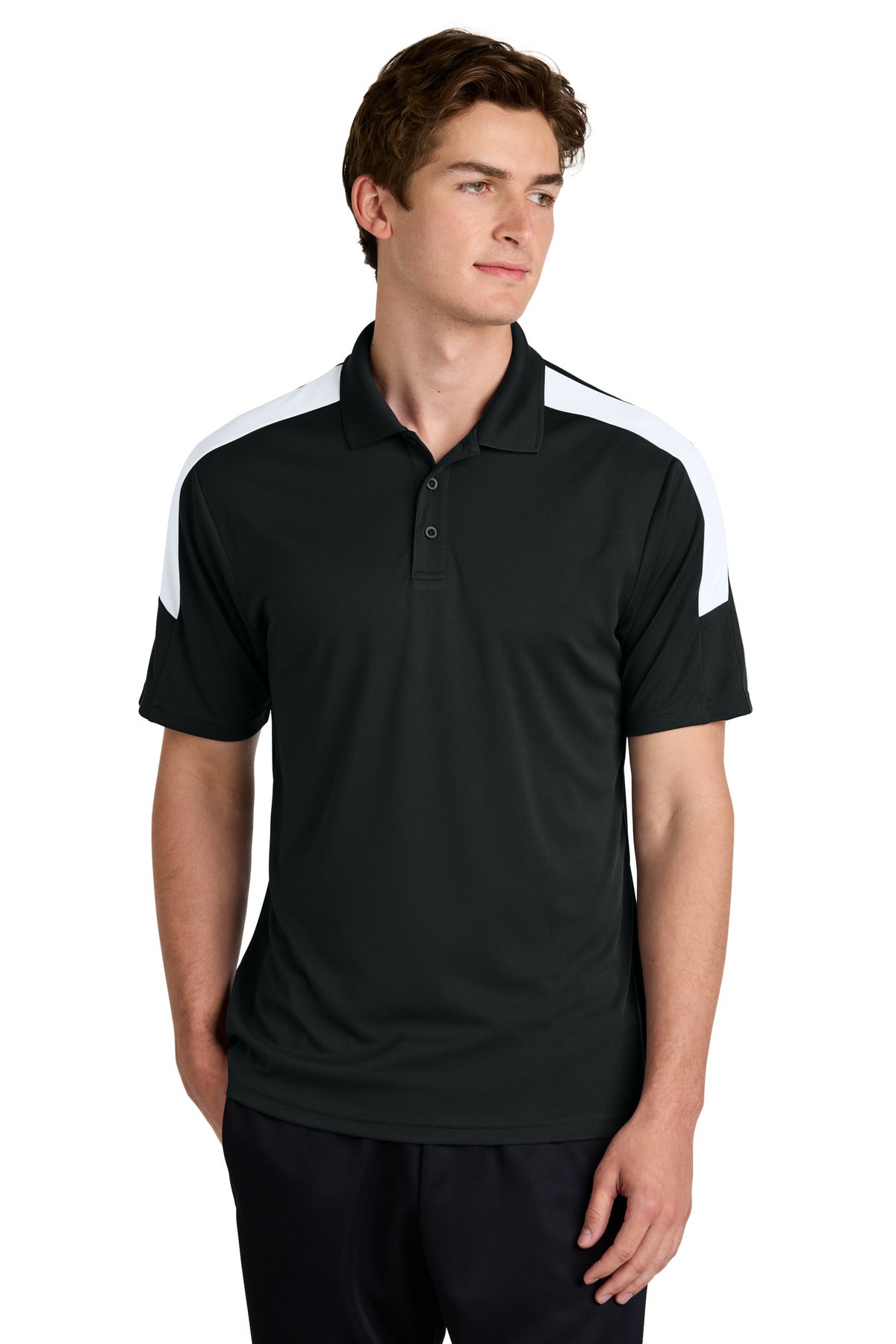 Front View of Blk/White Sport-Tek Competitor United Polo ST104