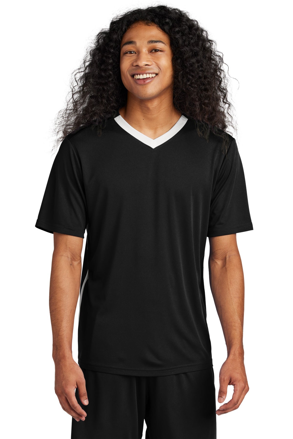 Front View of Blk/White Sport-Tek Competitor United V-Neck ST101