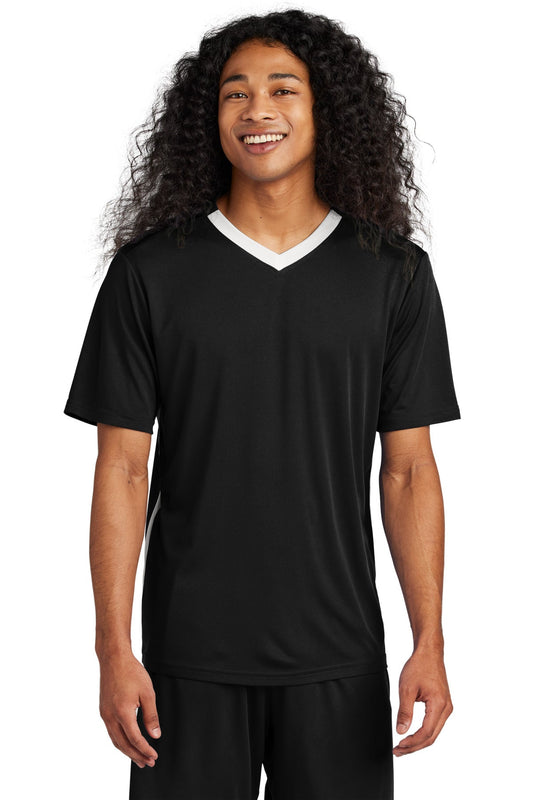 Front View of Blk/White Sport-Tek Competitor United V-Neck ST101