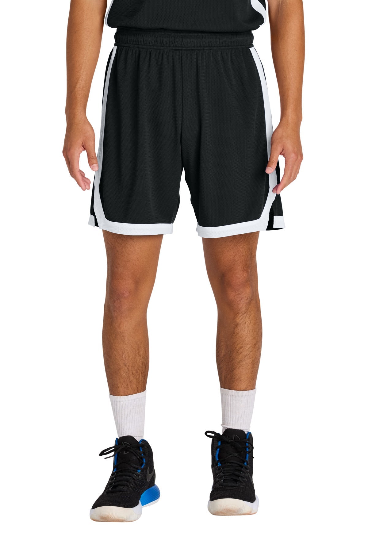 Front View of Blk/White Sport-Tek Rival Basketball 7"Short ST901