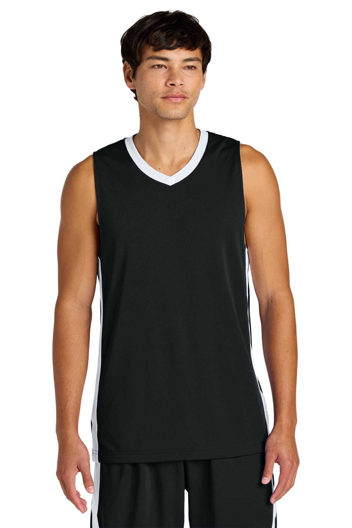 Front View of Blk/White Sport-Tek Rival Basketball Rev Jersey ST900
