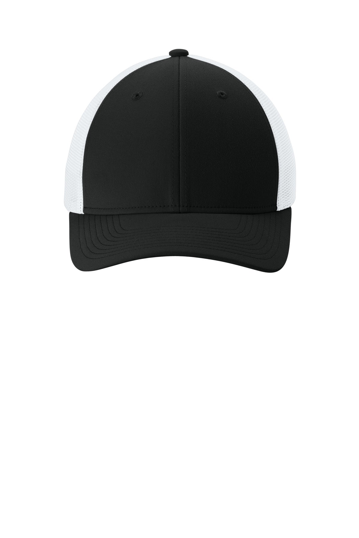 Front View of Blk/White Sport-Tek Stretch-Tek Mesh Back Cap STC60