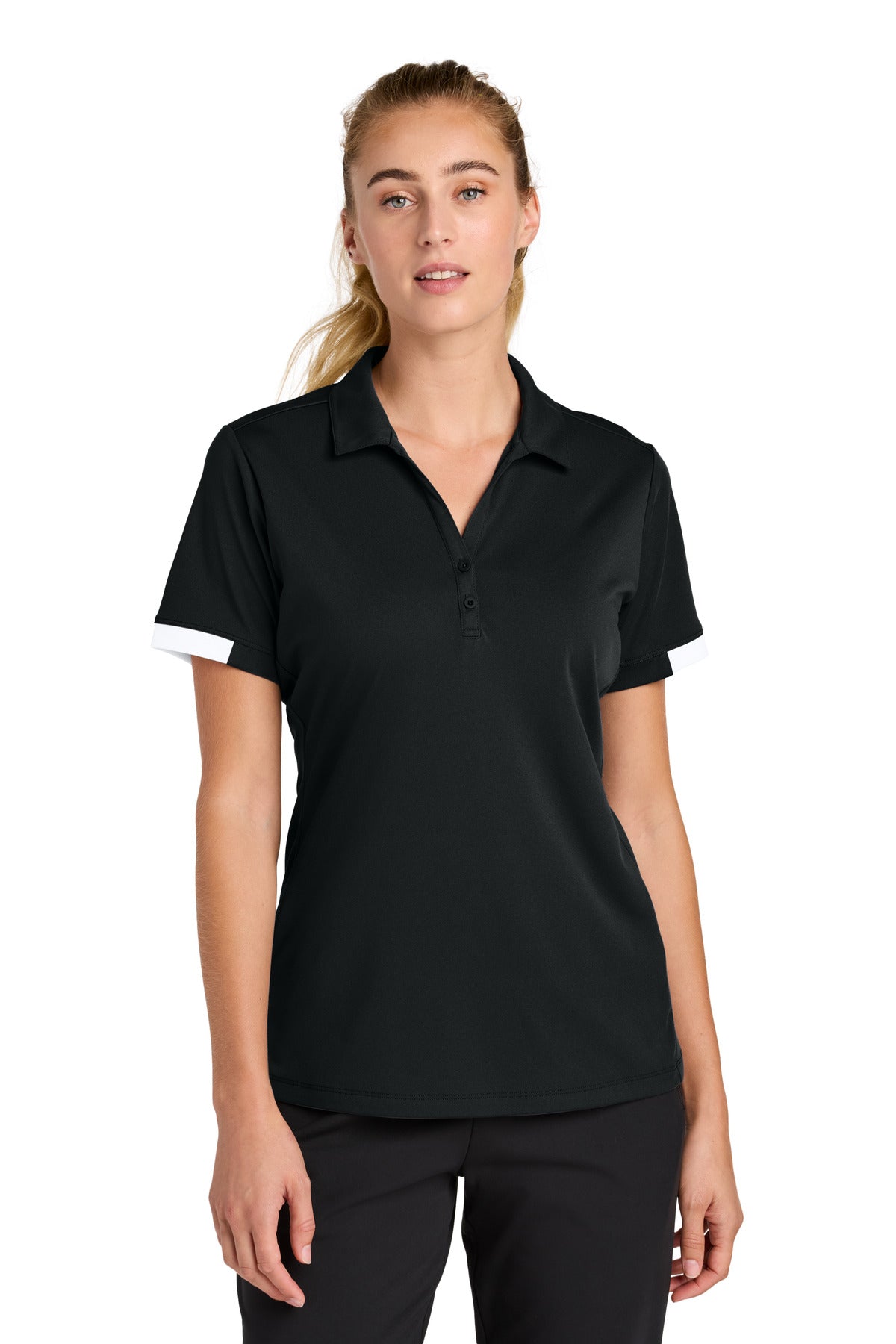Front View of Blk/White Sport-Tek Women's Club Colorblock Polo LST444