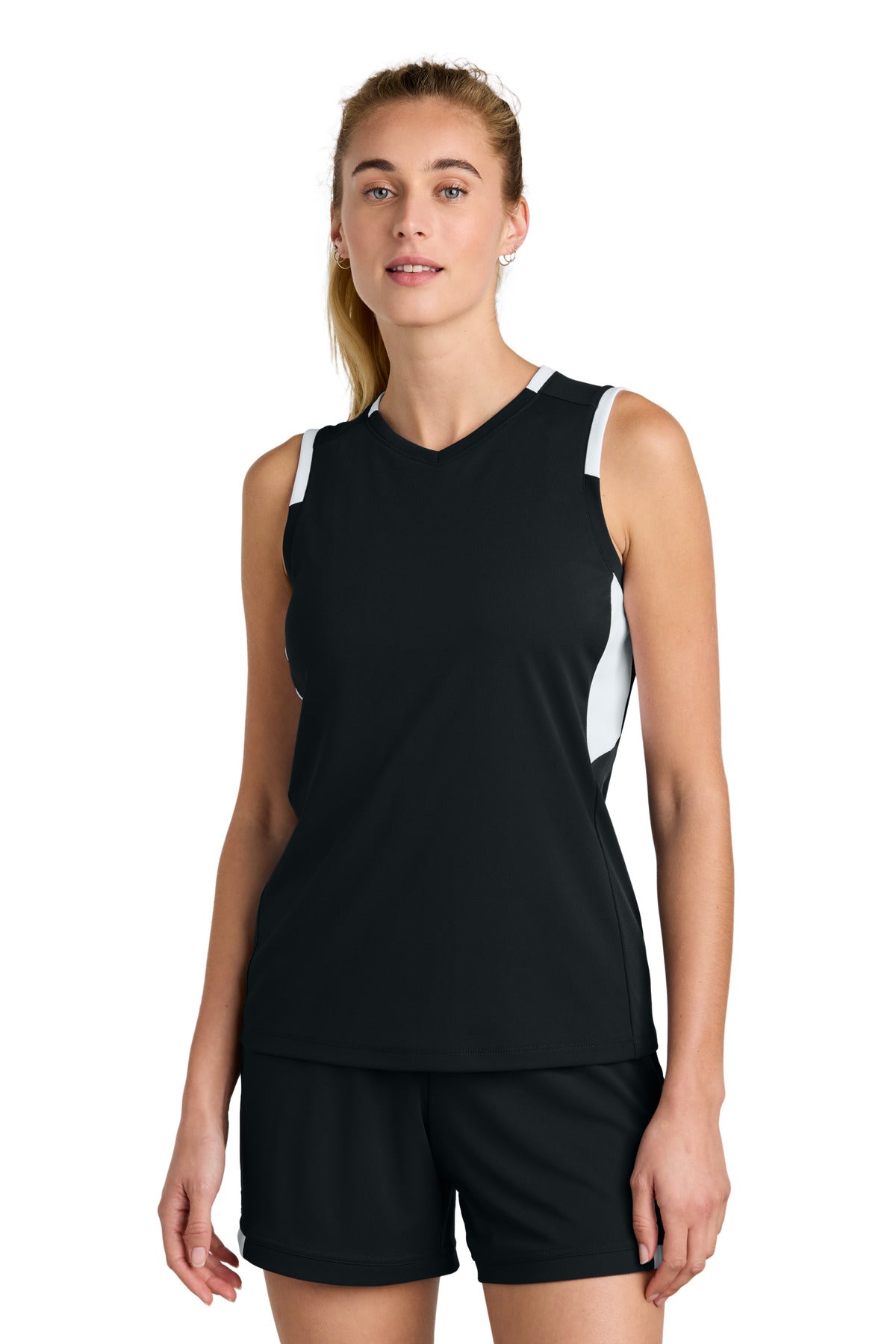 Front View of Blk/White Sport-Tek Women's Club Sleeveless V-Neck LST441