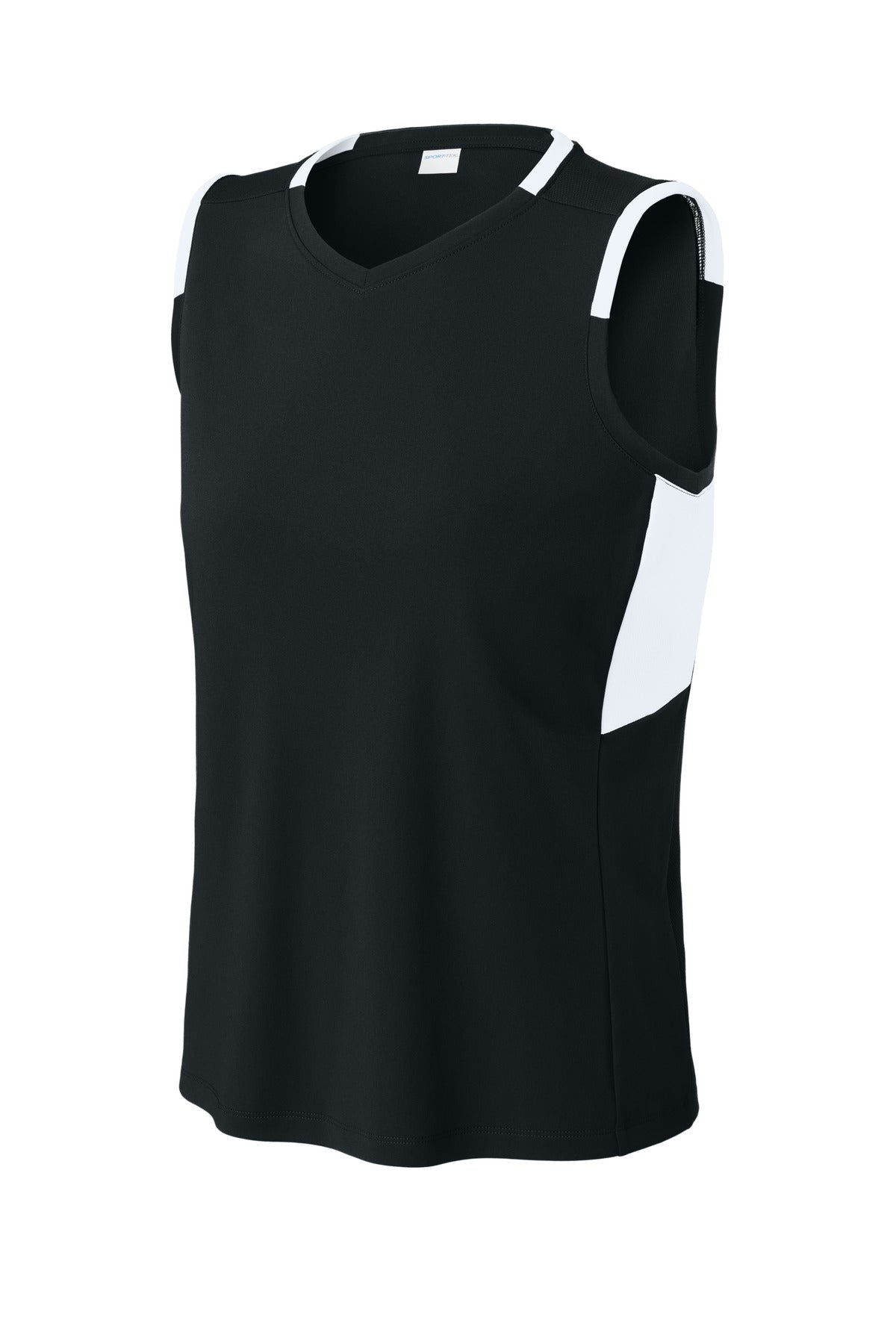 Front View of Blk/White Sport-Tek Women's Club Sleeveless V-Neck LST441
