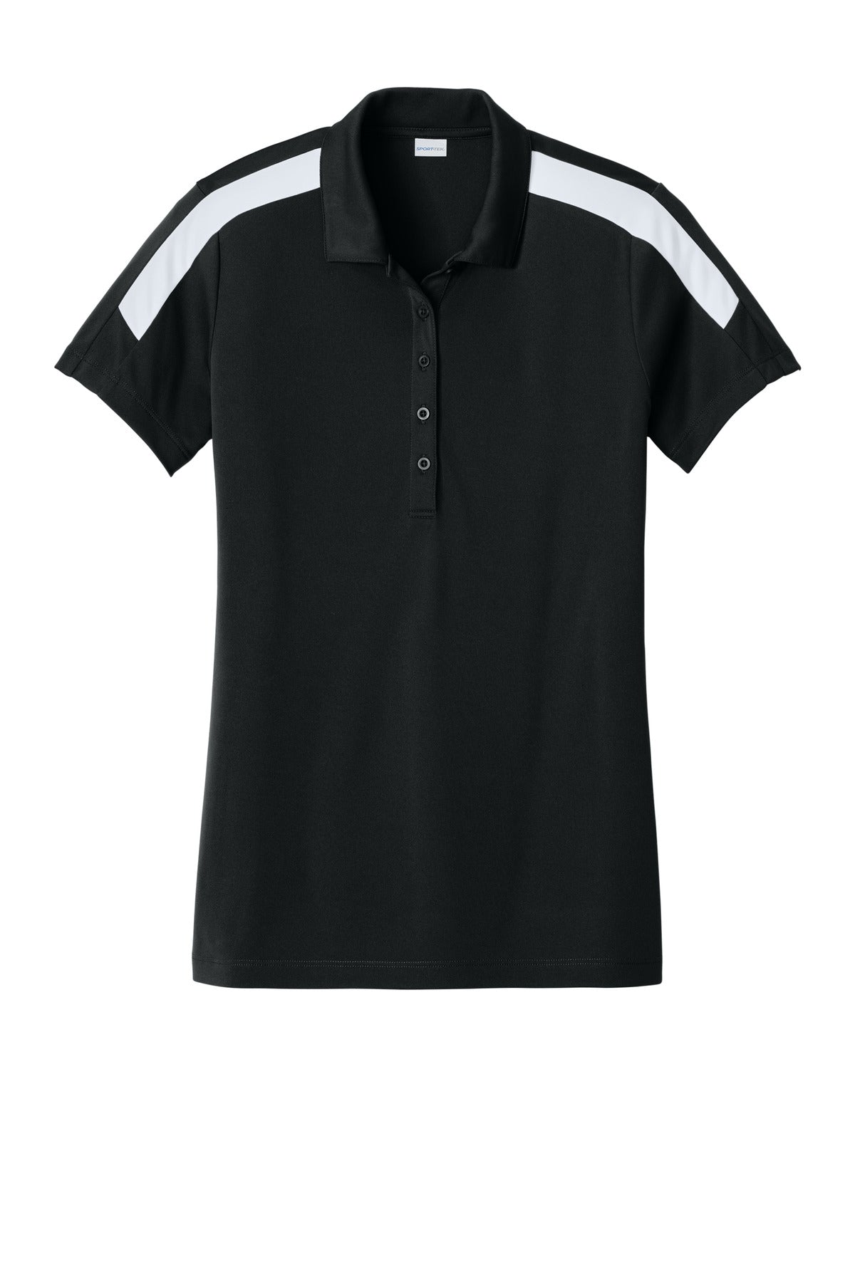 Front View of Blk/White Sport-Tek Women's Competitor United Polo LST104
