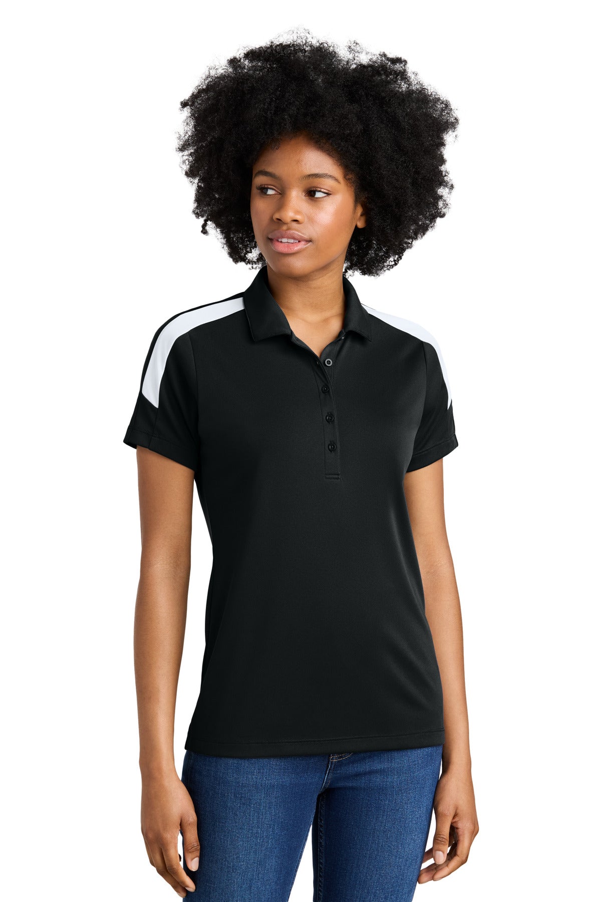 Front View of Blk/White Sport-Tek Women's Competitor United Polo LST104
