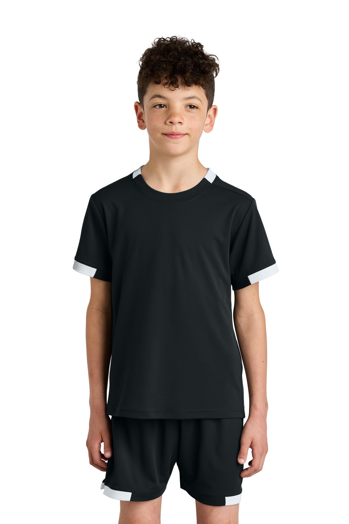 Front View of Blk/White Sport-Tek Youth Club Short Sleeve Crew YST440