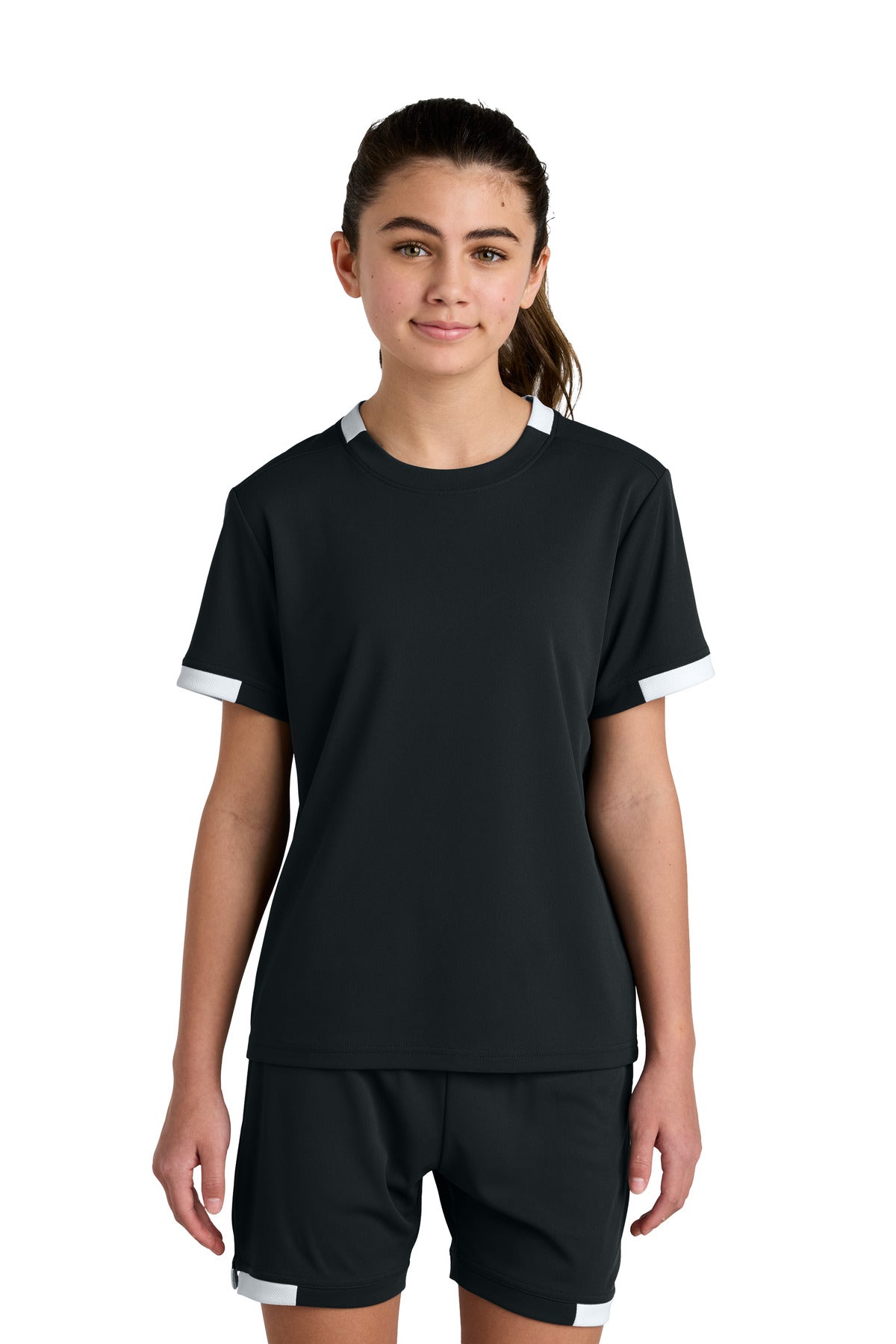 Front View of Blk/White Sport-Tek Youth Club Short Sleeve Crew YST440
