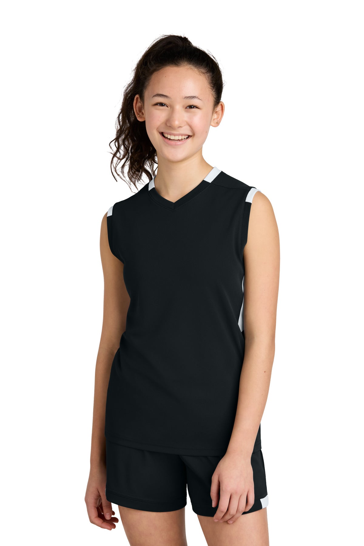 Front View of Blk/White Sport-Tek Youth Club Sleeveless V-Neck YST441
