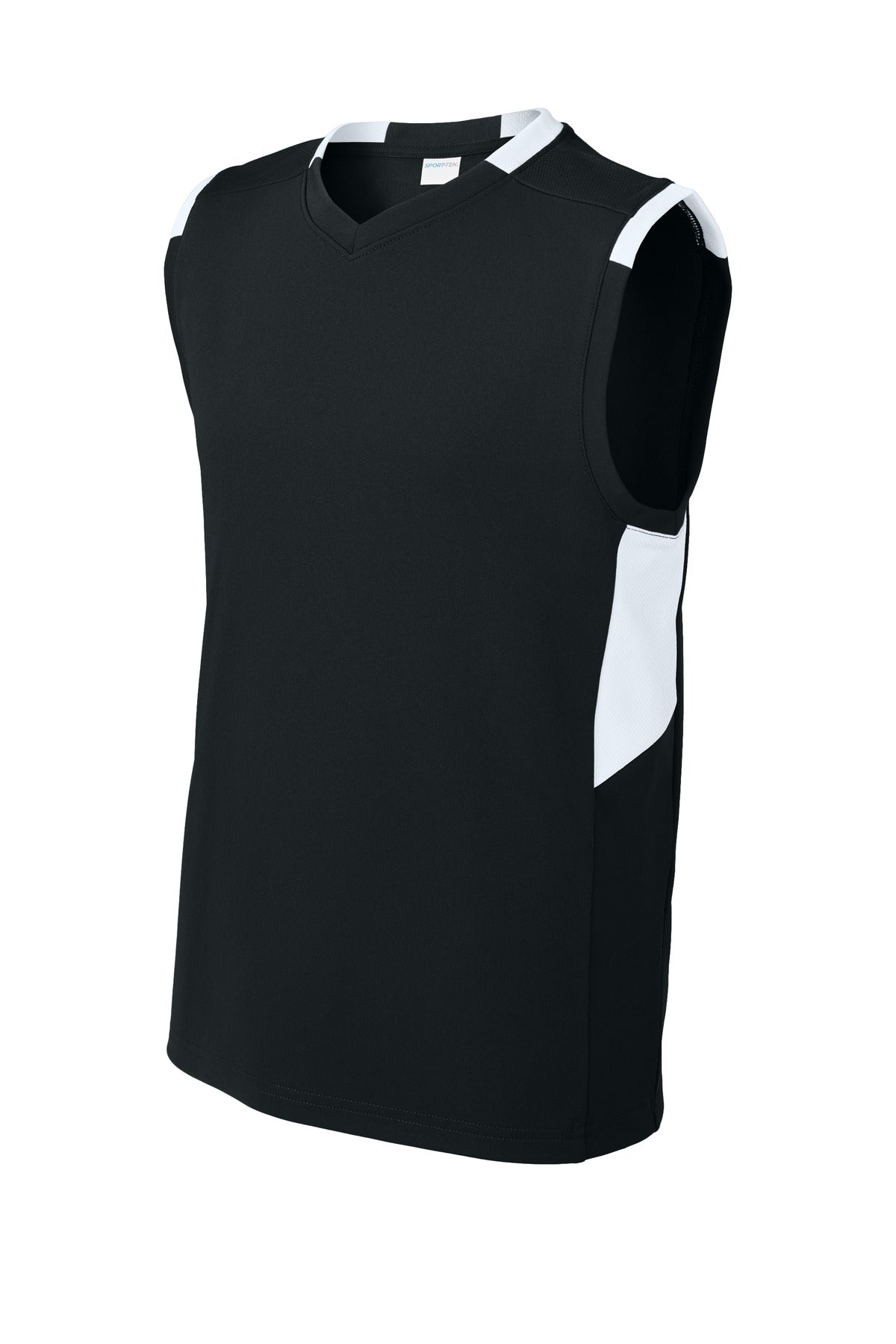 Front View of Blk/White Sport-Tek Youth Club Sleeveless V-Neck YST441
