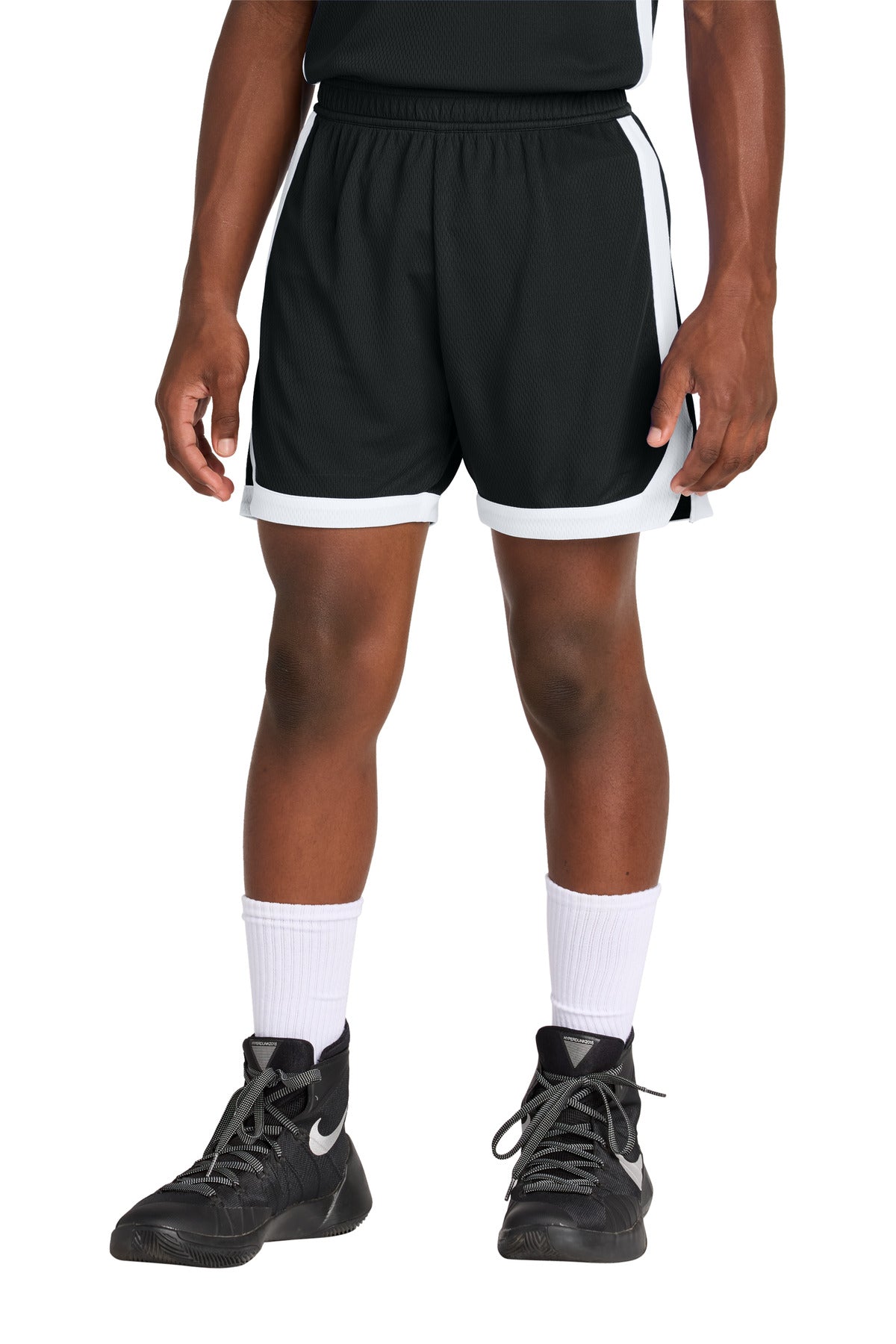 Front View of Blk/White Sport-Tek Youth Rival Basketball 5" Short YST901