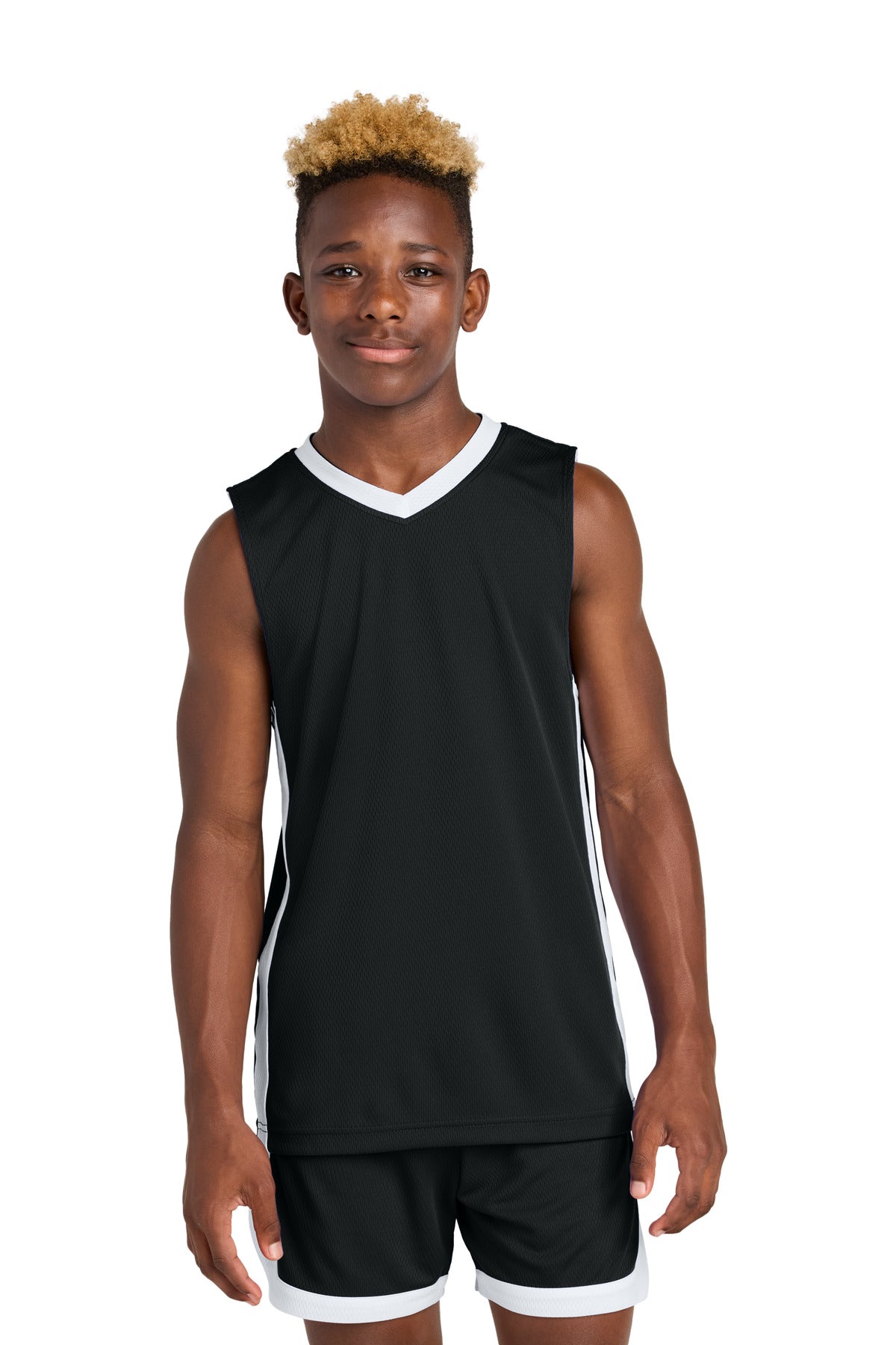 Front View of Blk/White Sport-Tek Youth Rival Basketball Rev Jersey YST900