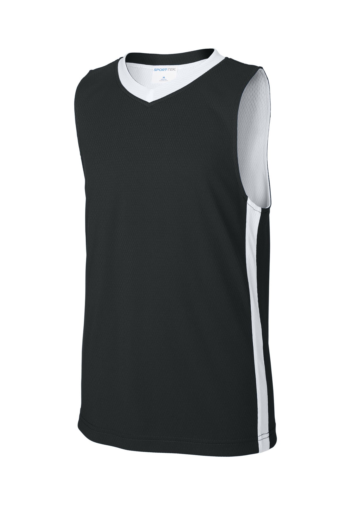Front View of Blk/White Sport-Tek Youth Rival Basketball Rev Jersey YST900