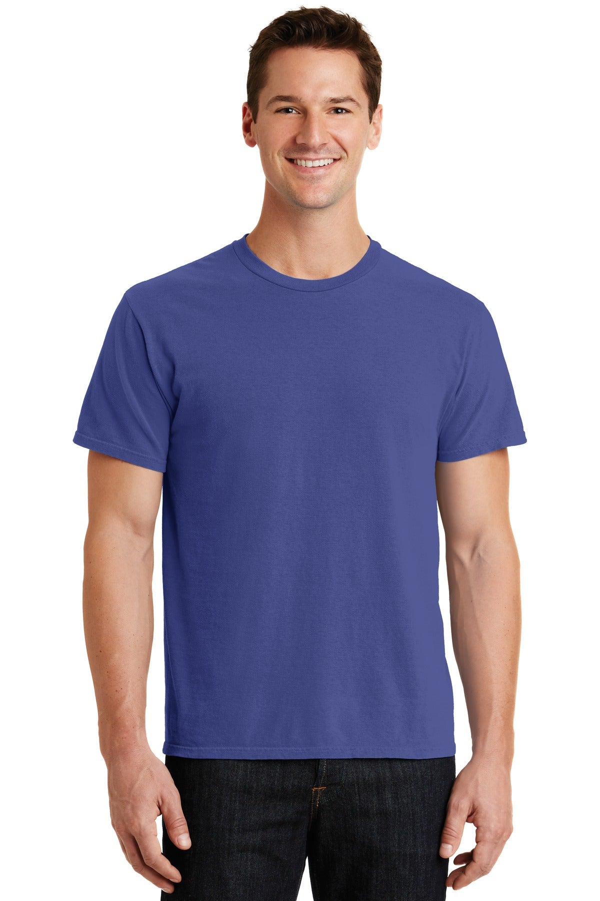 Front View of Blue Iris Port & Co Beach Wash Garment-Dyed Tee. PC099