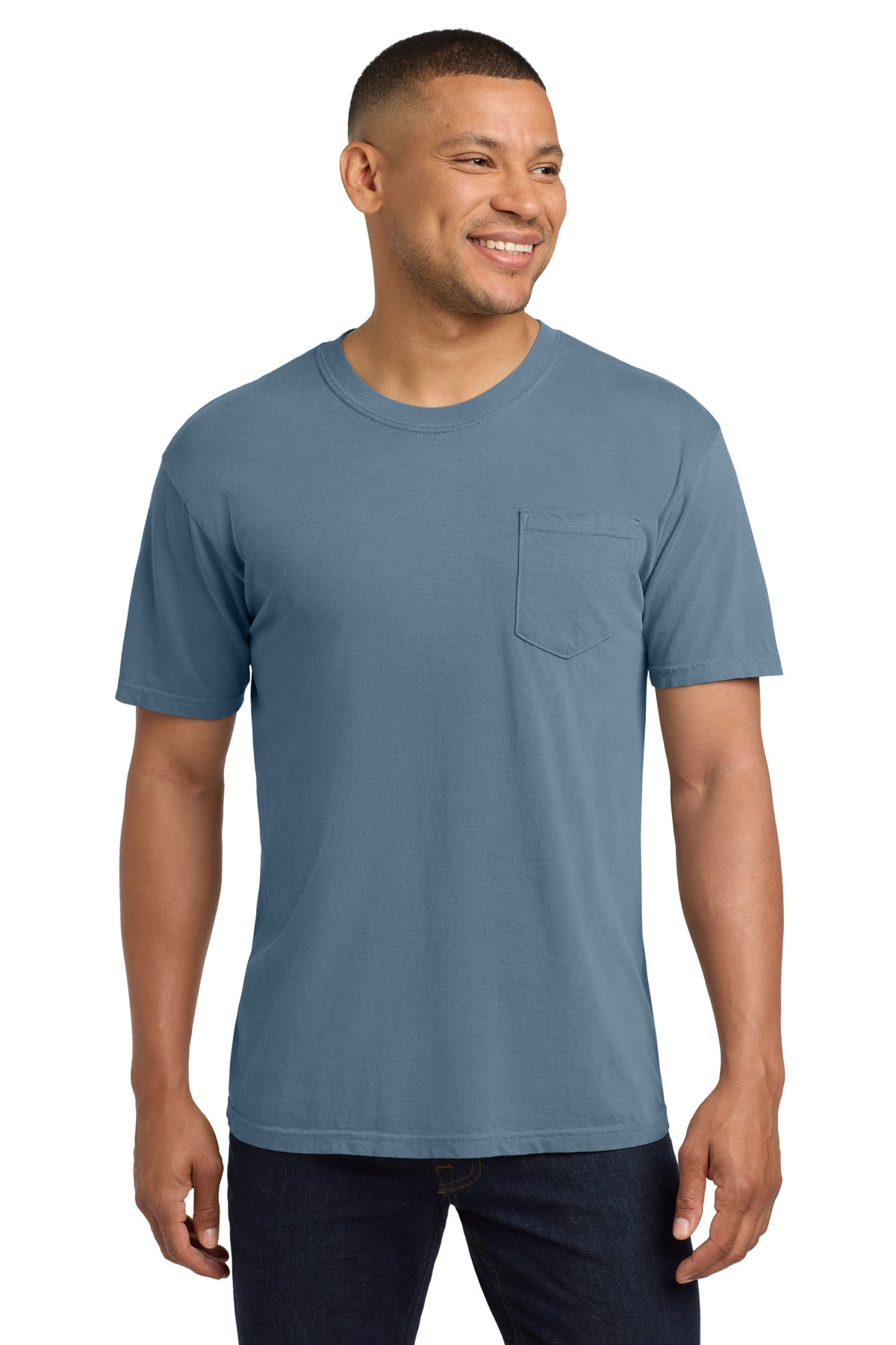 Front View of Blue Jean COMFORT COLORS Heavyweight Ring Spun Pocket Tee. 6030