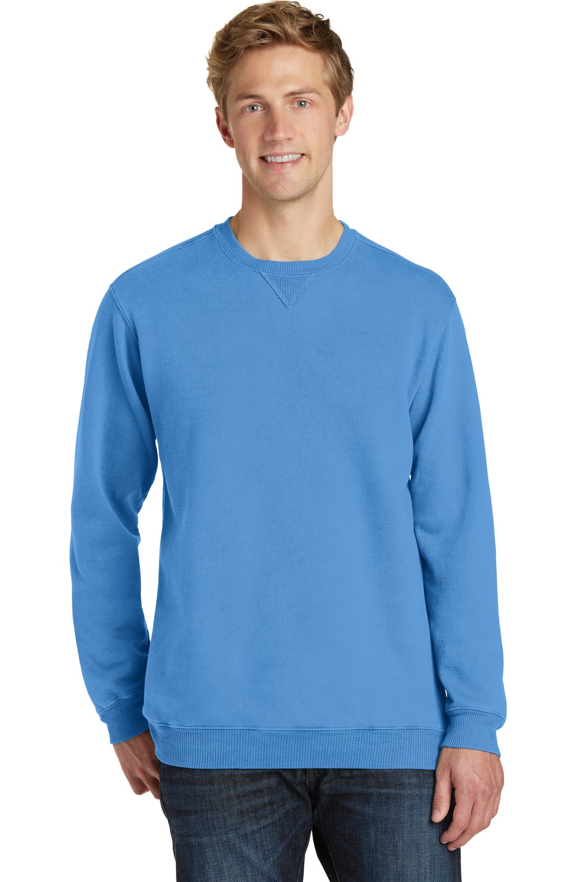 Front View of Blue Moon Port & Co Beach Wash Garment-Dyed Crewneck Sweatshirt PC098